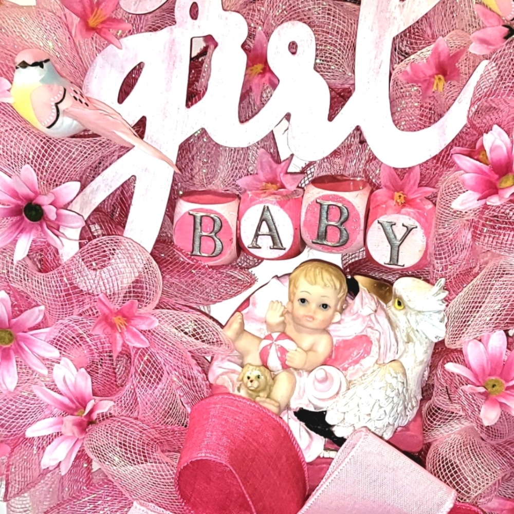 It's a Girl Wreath Deco Mesh Hand Painted Baby Stork Floral - Picture 1 of 13